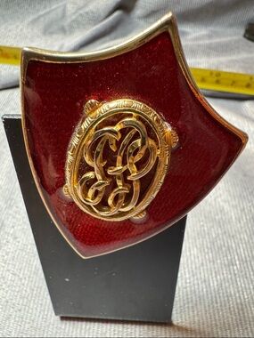 Source Unknown Red and Gold Enamel Shield Brooch